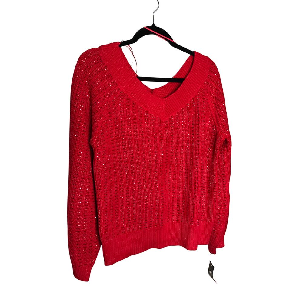 INC International Concepts Glam Beaded Knit Sweater V-Neck Pullover Red Sz L NWT
